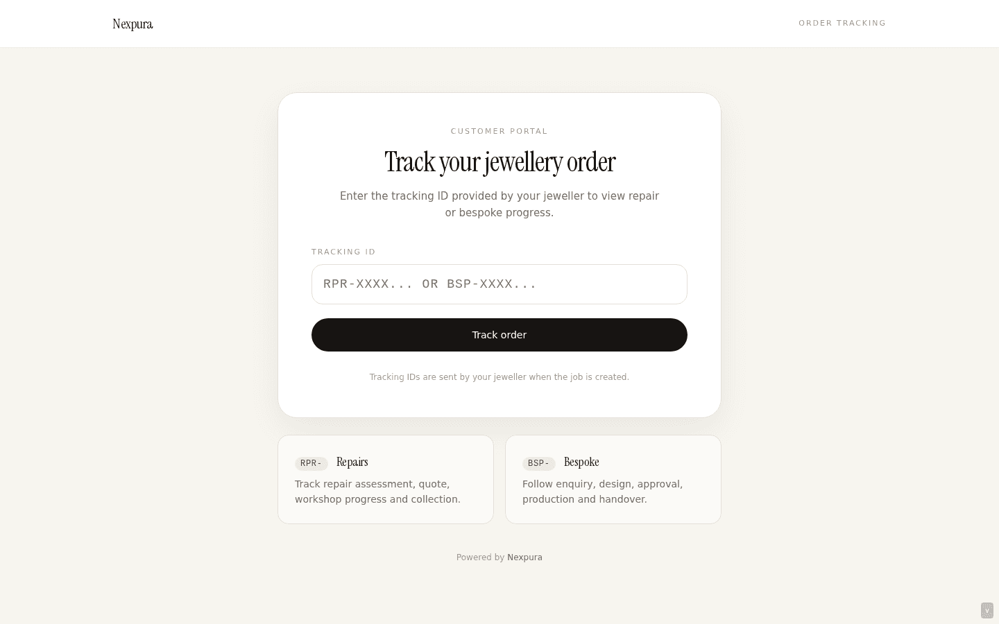 /track landing card — Nexpura wordmark top, 'Customer portal · Track your jewellery order' headline, single input labelled 'Tracking ID' with RPR-XXXX placeholder, Track-order button, two info tiles beneath explaining RPR- vs BSP- prefixes.