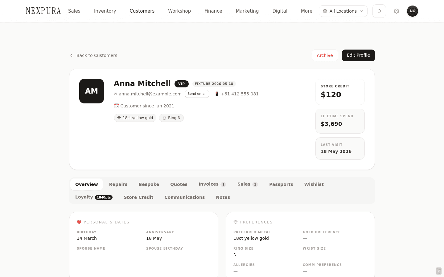 /customers/[id] detail page header — back link 'Back to Customers' top-left, Archive + Edit Profile buttons top-right, hero card with circular avatar with initials, full name + VIP pill + tag pills, email + Send email button + mobile + Customer since date, then preferred-metal + ring-size + allergies pills, then Store Credit + Lifetime Spend + Last Visit stat cards on the right. Tab bar beneath.