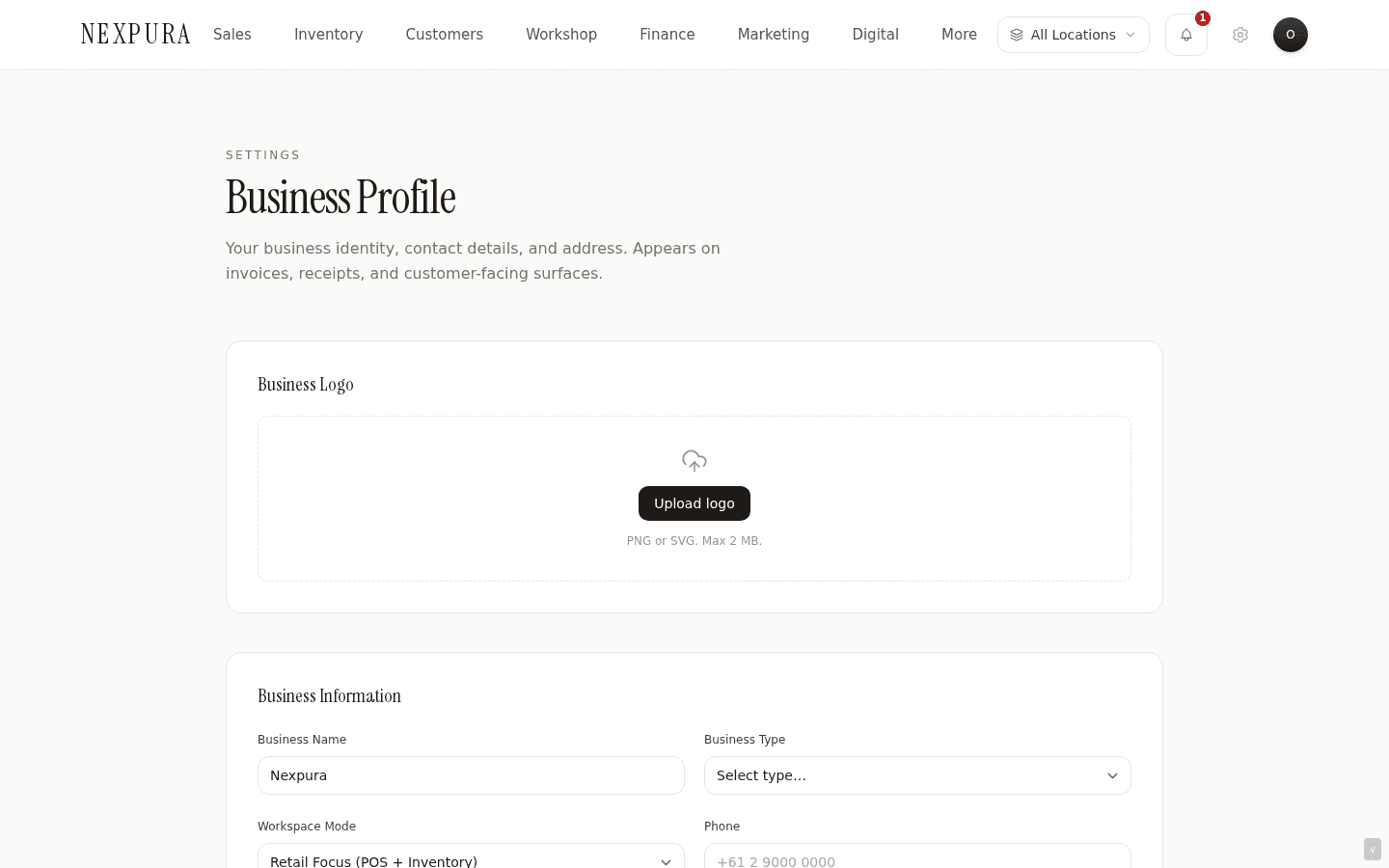Logo upload UI with an uploaded logo preview in the slot.