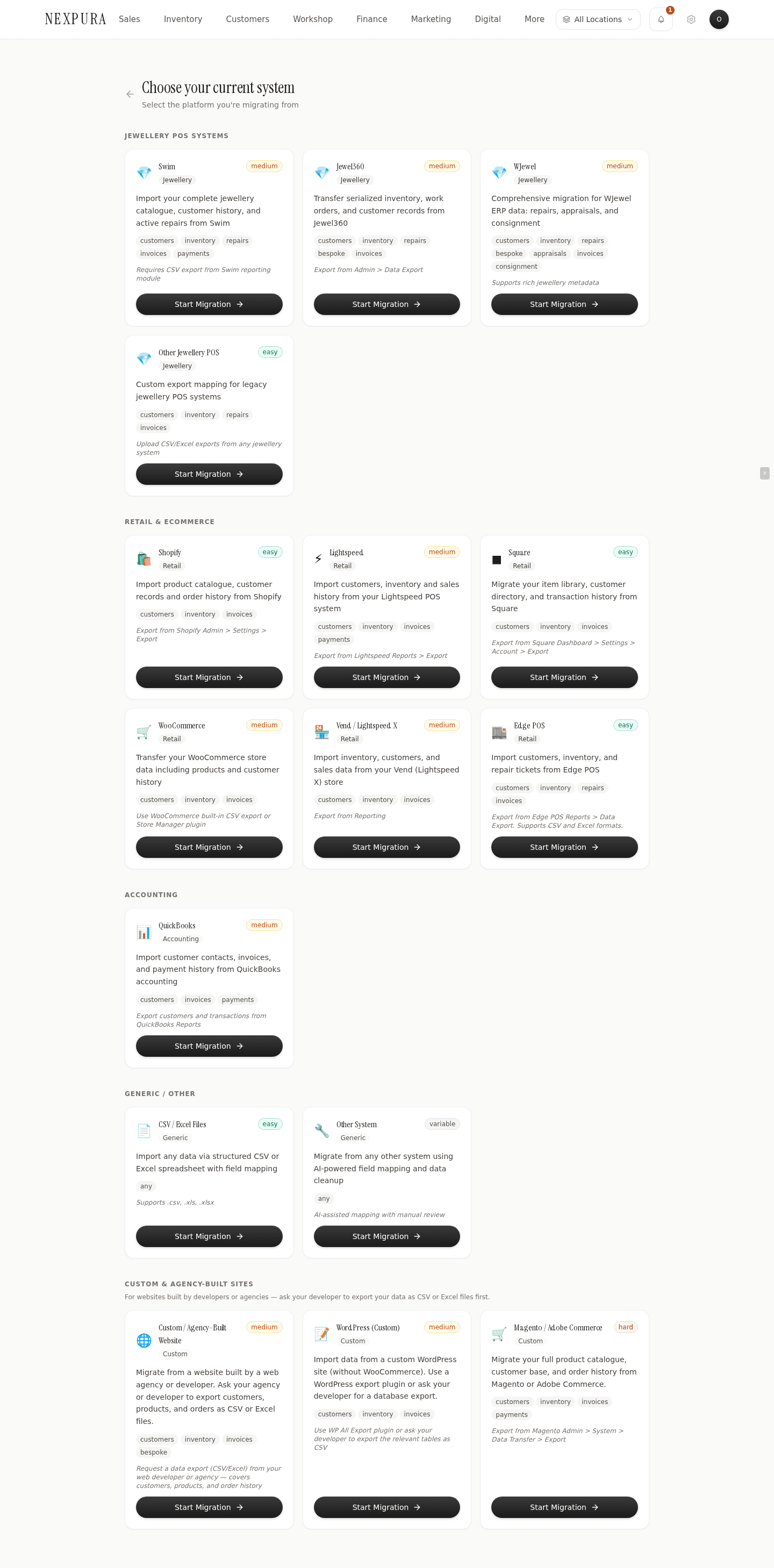 The /migration/new page showing the source cards grouped by category.
