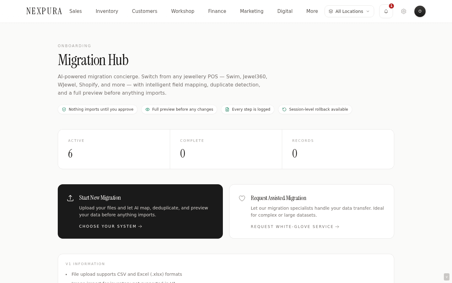 The Migration Hub showing both CTAs: Start New Migration and Request Assisted Migration.