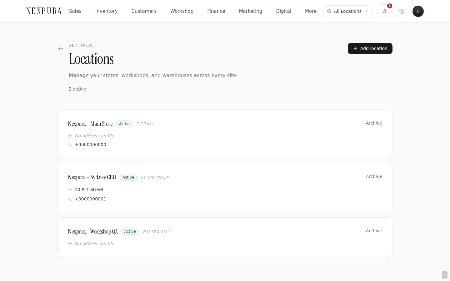 The /settings/locations page on a fresh tenant with the Add location button and empty state.
