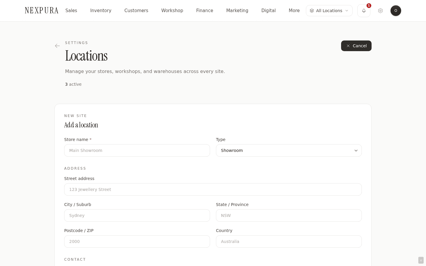 The Add location form with name, type dropdown (Showroom/Workshop/Warehouse/Office/Other), address fields, phone, and email.