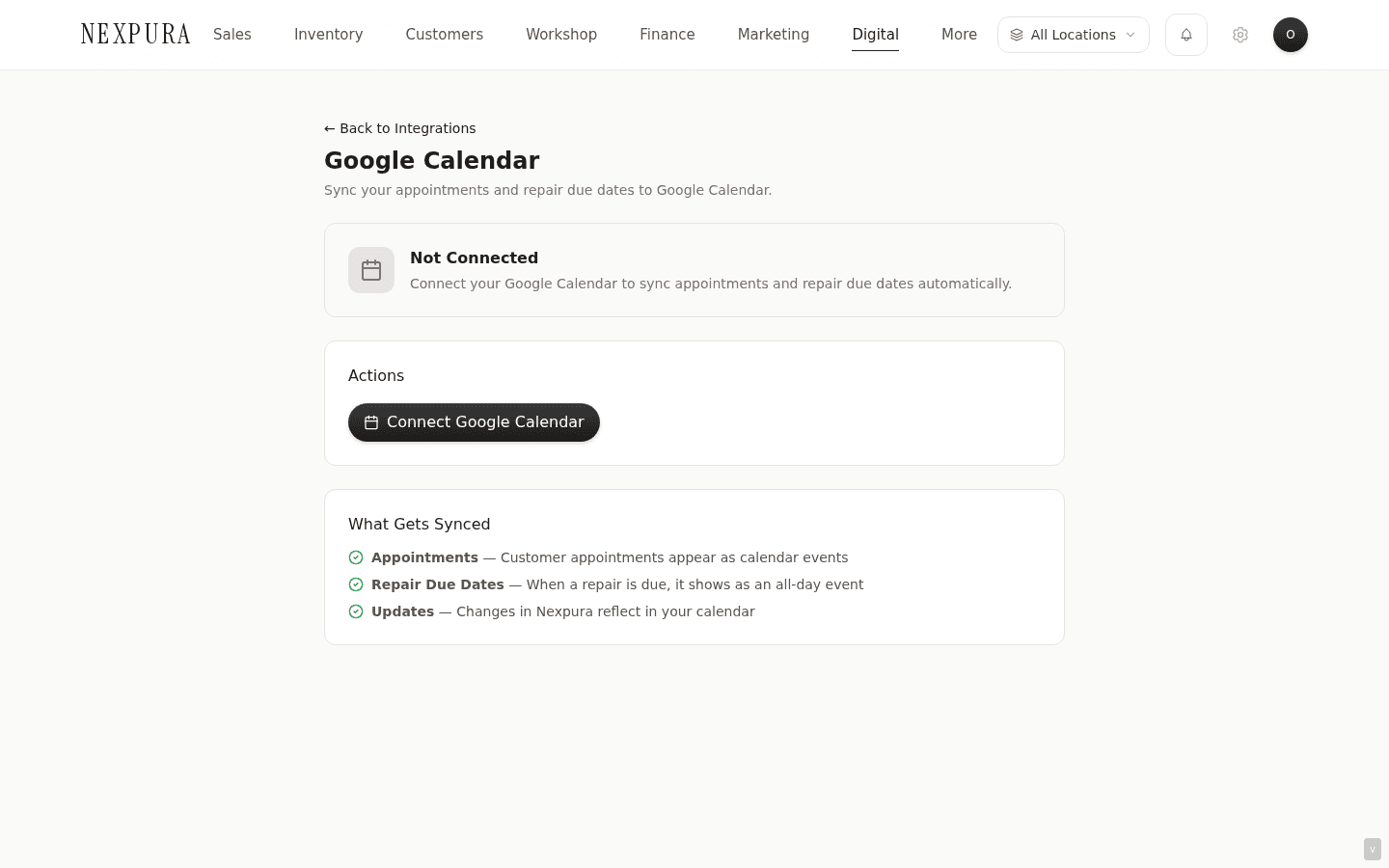 The /integrations/google-calendar page in its disconnected state — a status card explaining what the integration does and the Connect Google Calendar button as the only action.