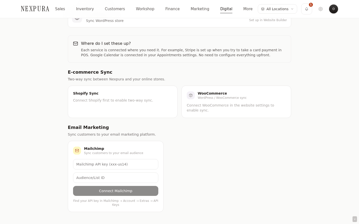 The WooCommerce Two-Way Sync panel on /integrations — same layout as Shopify, with import buttons for products / customers / orders along the top row and Push Inventory as the export action at the bottom.