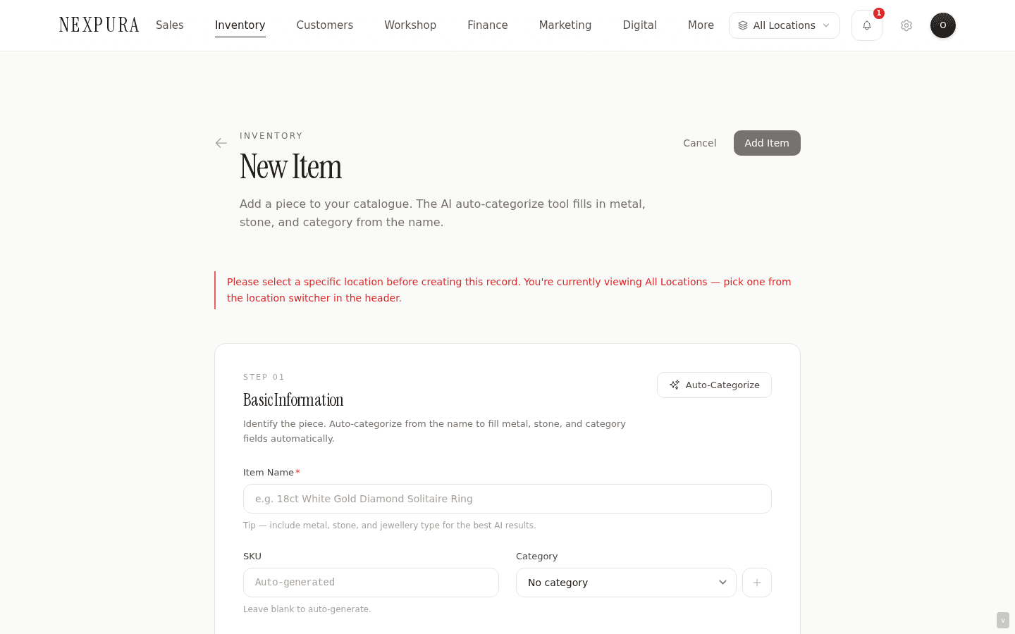 Step 01 — Basic info section. Name, item type, jewellery type, category dropdown with the inline + New Category control, and the Auto-categorize sparkle button.