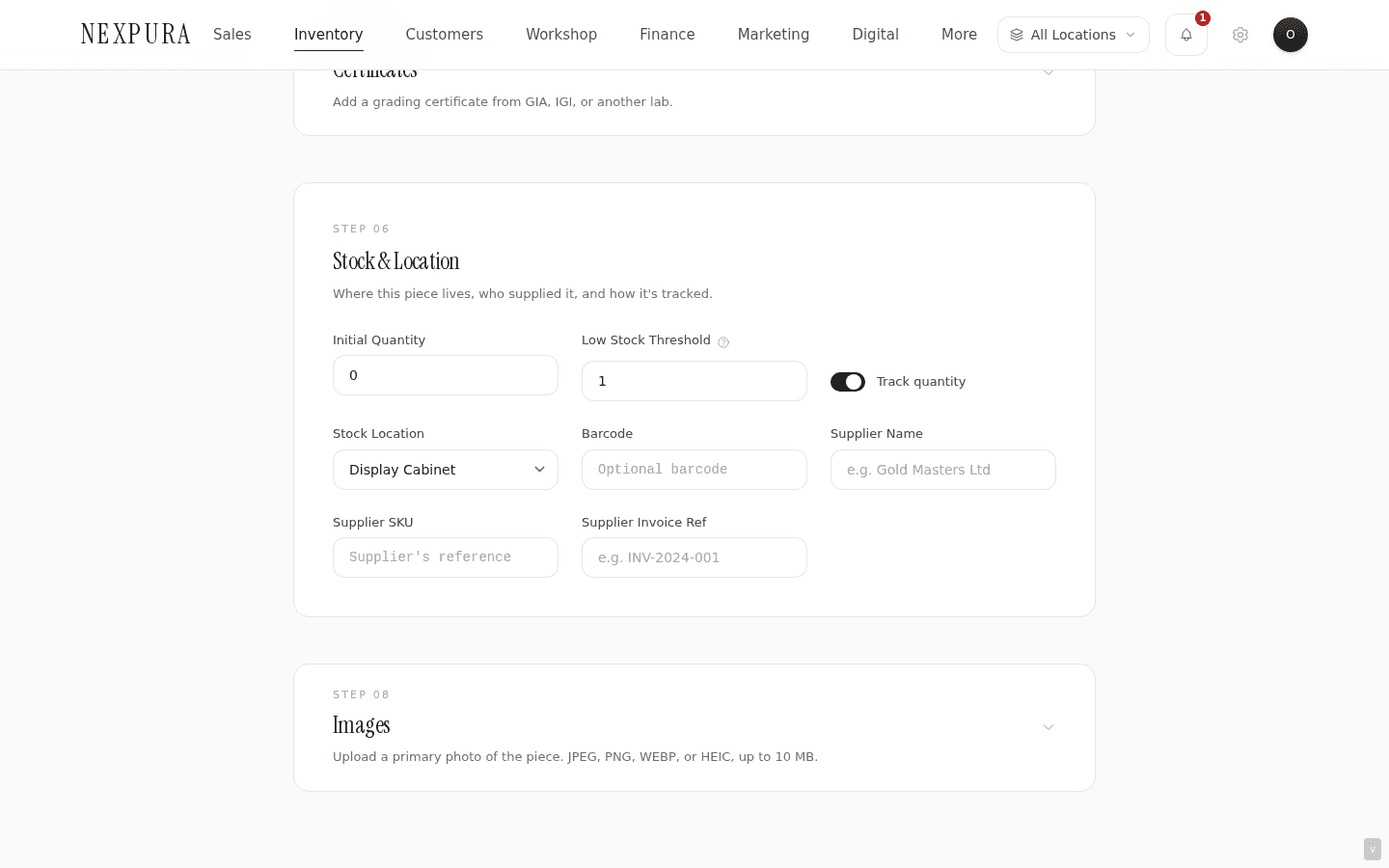 Step 06 — Stock and location. Initial quantity, low-stock threshold, the track-quantity toggle, the within-store stock location dropdown, barcode field, and the three supplier fields.