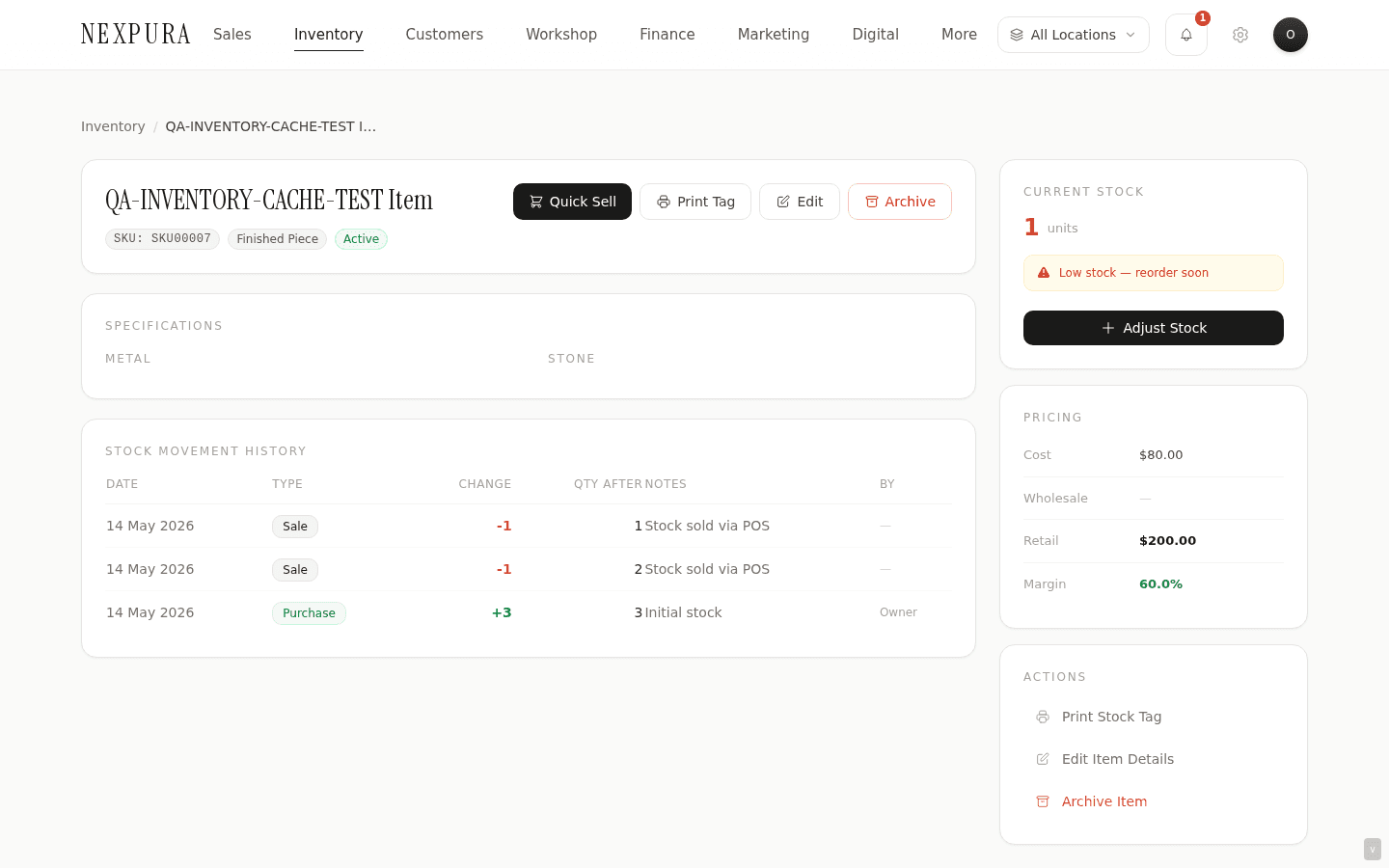 The detail-page right sidebar with the Current Stock count and the Adjust Stock button. Adjust button only renders if you have edit_inventory permission.