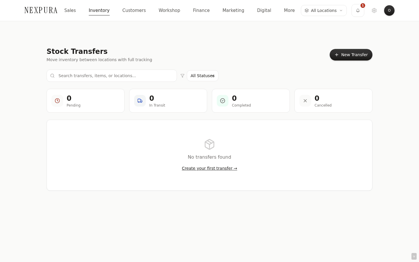 /inventory/transfers list view with the search bar, status filter, status chip strip, and the New Transfer button top-right.