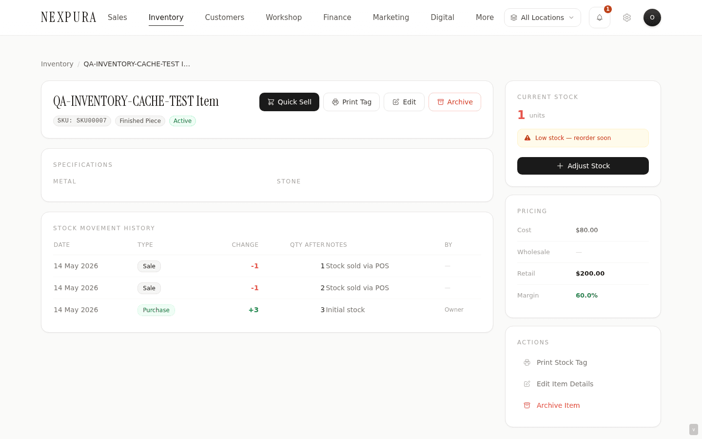 Item detail page header row with Print Tag, Edit, Archive buttons. The same Print Tag action also appears in the Actions sidebar lower down.