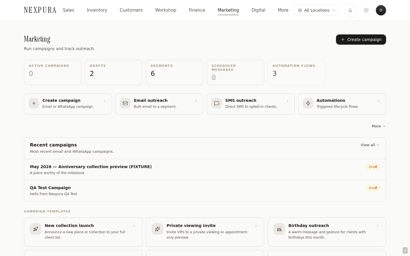 /marketing hub — H1 'Marketing' with subtitle 'Run campaigns and track outreach', Create campaign primary CTA, KPI strip of 5 tiles, quick-action row, then a recent campaigns panel and the campaign-templates strip beneath.