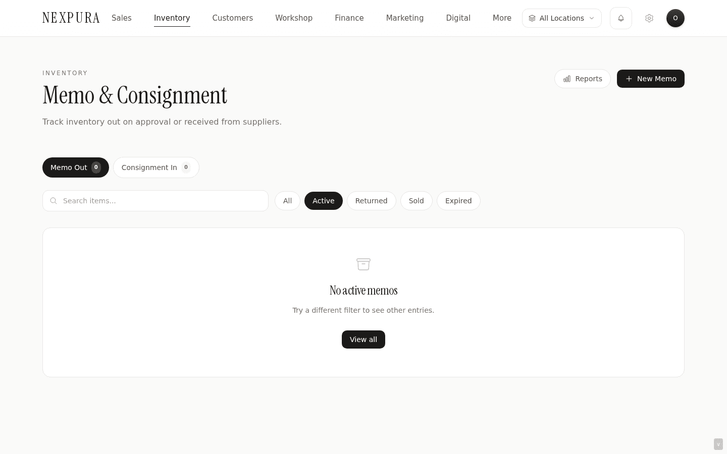 The /memo list view with the Consignment In tab active and the New Consignment button highlighted in the top-right of the page header.