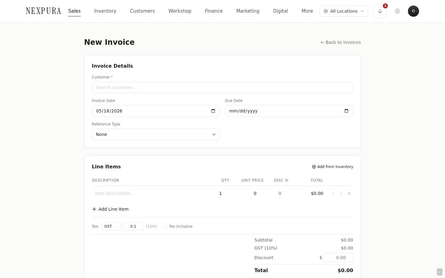 /invoices/new — Customer dropdown at the top with invoice date and due date pickers, line items section below (description / quantity / unit_price / discount% / line total), tax line showing the configured tax name and rate, subtotal / tax / total summary, Notes and Footer Text panel, Save Draft and Save and Send buttons in the toolbar.