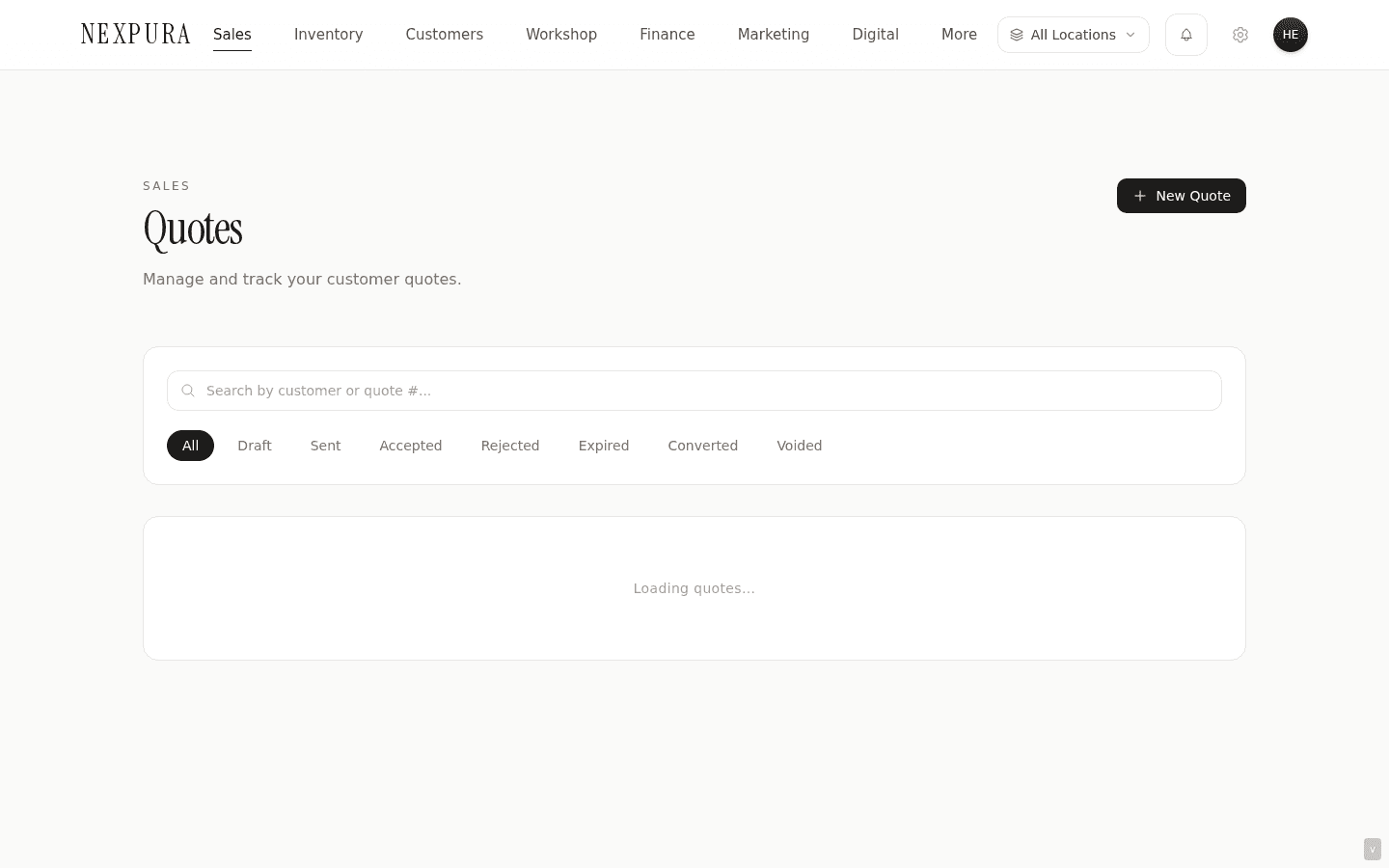 Quote detail page — header with QUO- number, status badge (Draft / Sent / Accepted / Converted / Expired / Voided), customer name, action buttons (Email Quote, Convert to Invoice / Sale / Repair / Bespoke, Reject, Void) — disabled buttons gray out when status is terminal. Line items list below. Notes panel at the bottom.