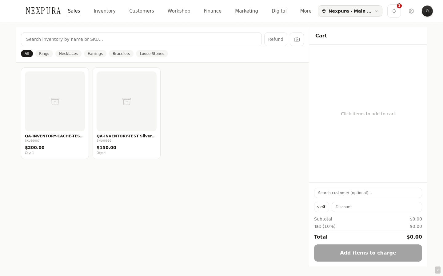 POS landing — product grid on the left with search + category pills, cart on the right showing an empty state ('Click items to add to cart').