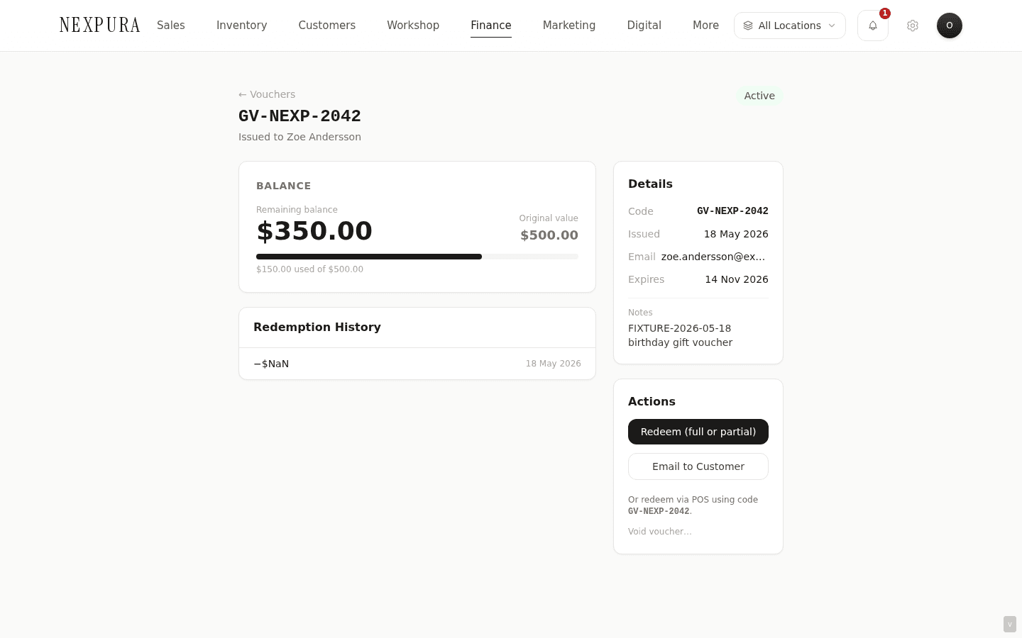 Voucher detail page — code GV-ABCD2345 in monospace, balance $50 of $200 original (75% used progress), status Active. Right rail action stack: Email voucher, Redeem manually, Void voucher.