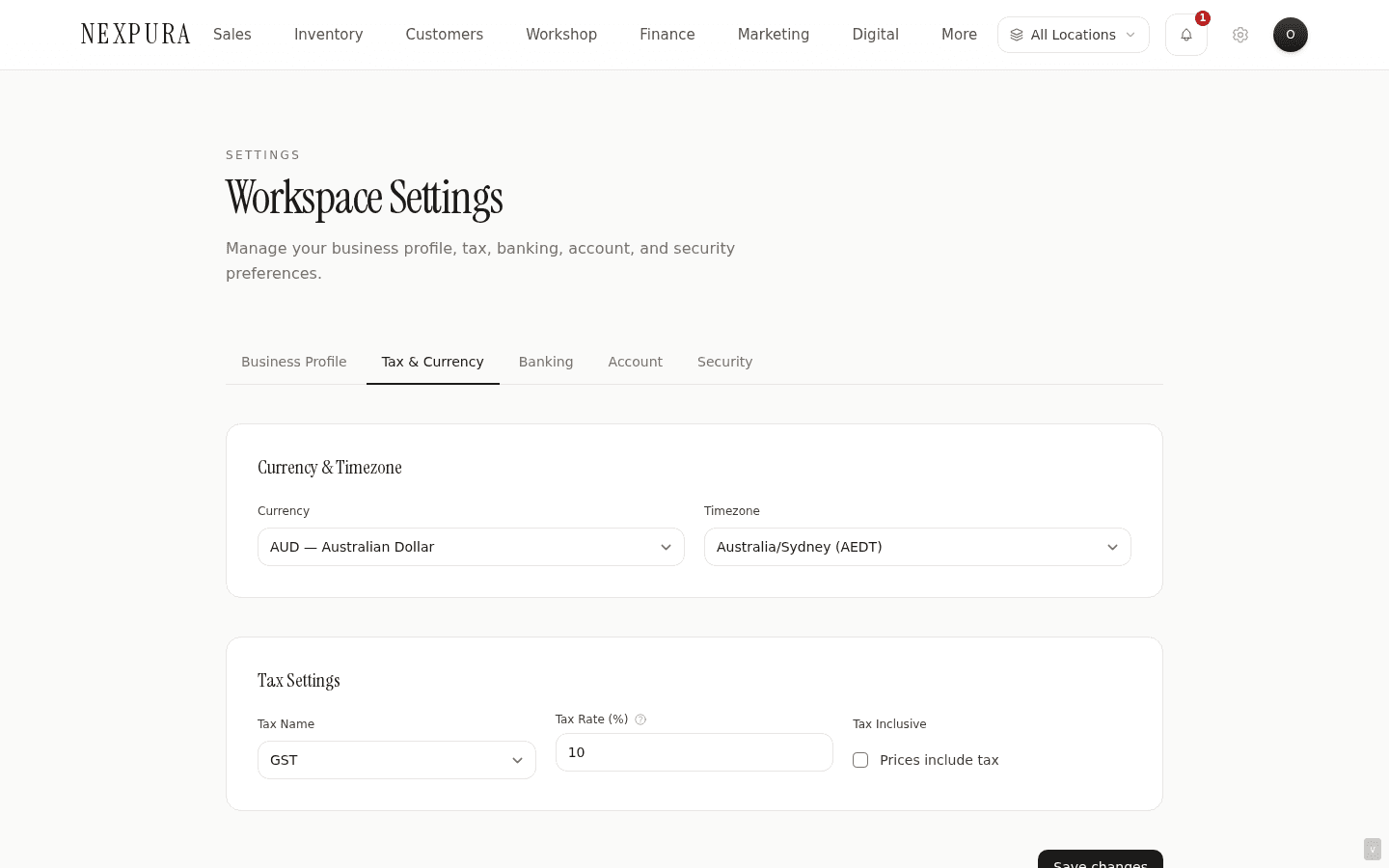 Tax & Currency tab on /settings — two cards stacked. Top: Currency & Timezone (AUD selected in the currency dropdown, Australia/Sydney in the timezone dropdown). Bottom: Tax Settings (GST in the tax name dropdown, 10 in the tax rate input, tax-inclusive checkbox checked). Save changes button at the bottom right.