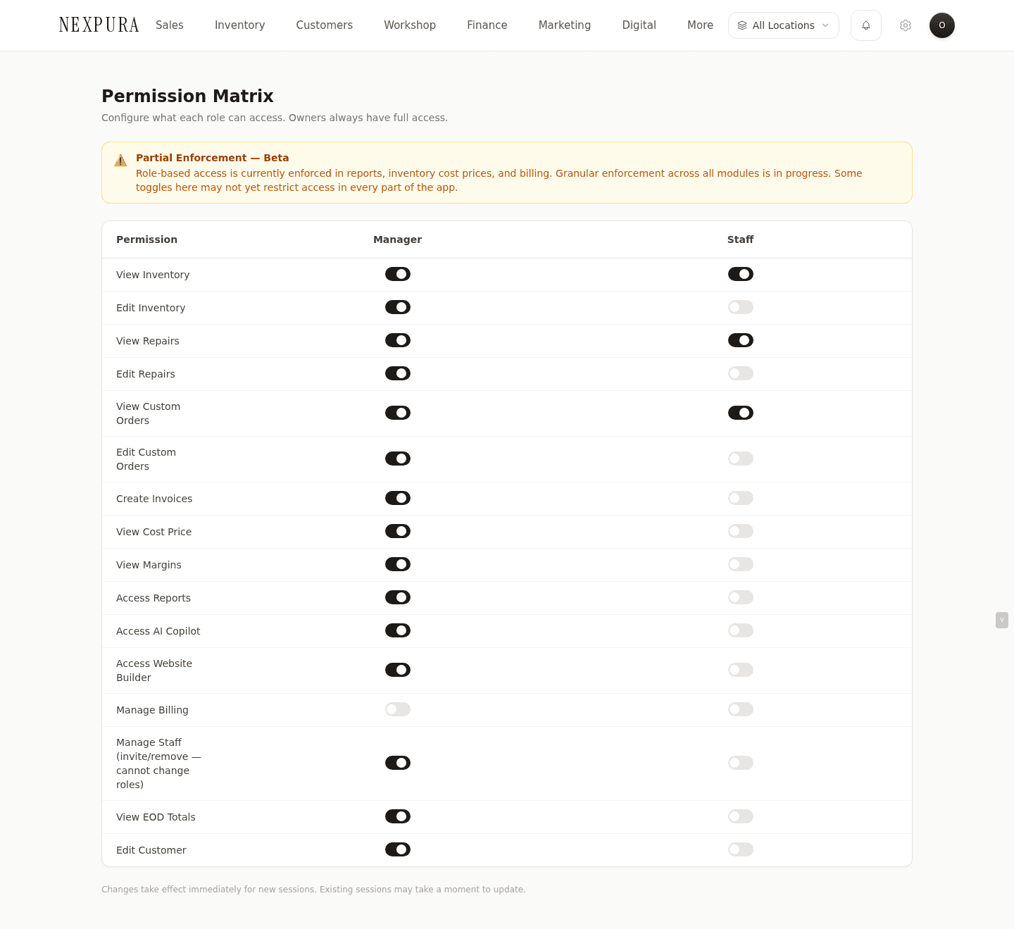 Permission matrix page — three columns (Manager / Staff / Technician) and rows for each permission grouped under View / Action / Admin headings. Each cell is a checkbox. Save action at the bottom. Owner-only Access Denied screen if a non-owner reaches the page.