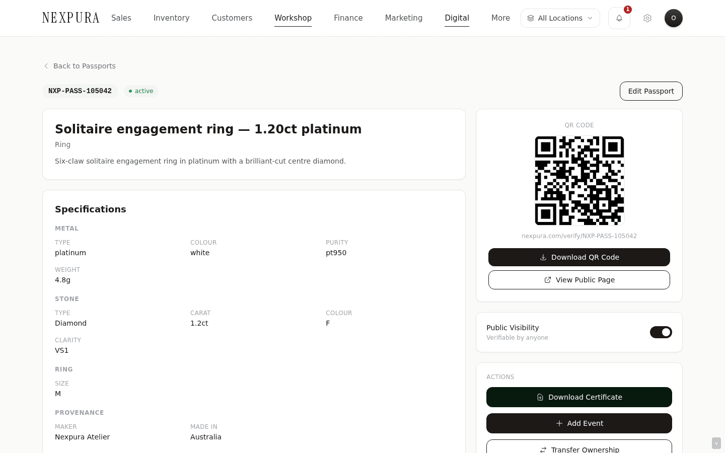 /passports/[id] detail page — left column with specifications + event timeline, right column with QR Code card (download + view public page buttons), Public Visibility toggle, Actions card with Download Certificate / Add Event / Transfer Ownership / Send Passport Email.