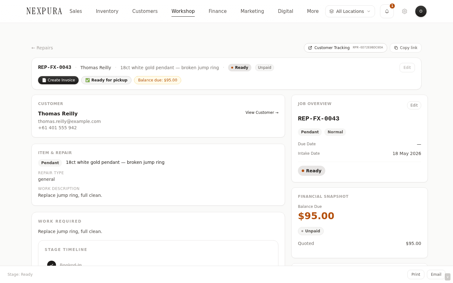 Repair detail page mid-stage-transition — stepper highlighting Ready, the inline 'Notification queued' chip, and the customer's tracking URL exposed in the right rail.