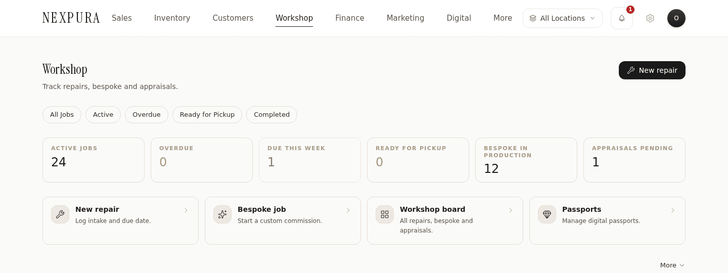Workshop hub landing — header with 'New repair' CTA, status pill row with the Overdue pill badged in oxblood, the KPI strip showing all five tiles, and the quick-action grid below.